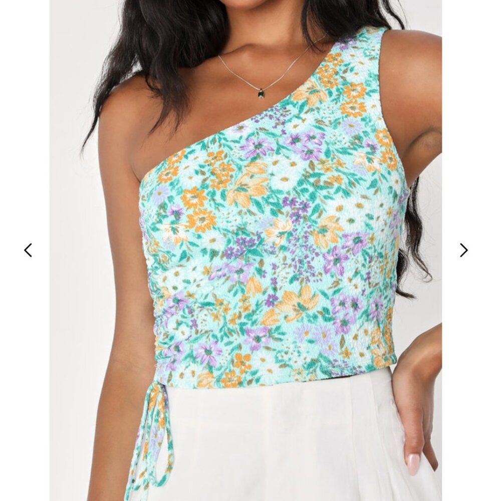 Thriving Aura Blue Multi Floral Print Ruched One-Shoulder Top